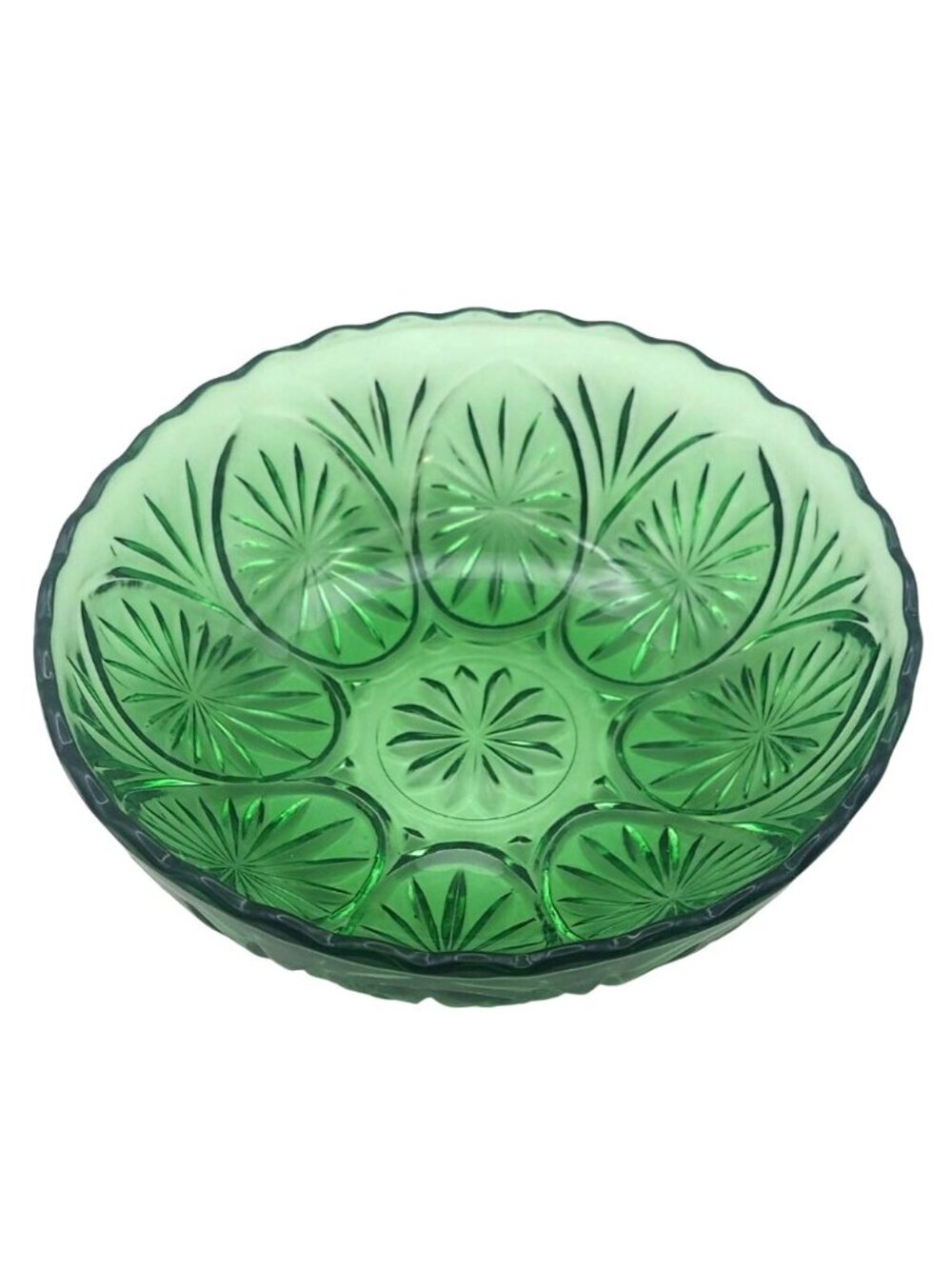 Vintage Anchor Hocking Medallion Star & Cameo Green Glass Serving Bowl Dish